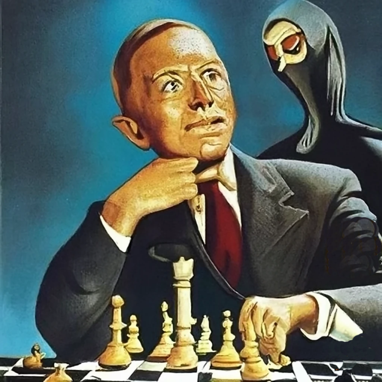 Aan het eind van je leven terugkijken - ridder Antonius Block gespeeld door Max von Sydow speelt schaak met de dood in de film The Seventh Seal 1957
